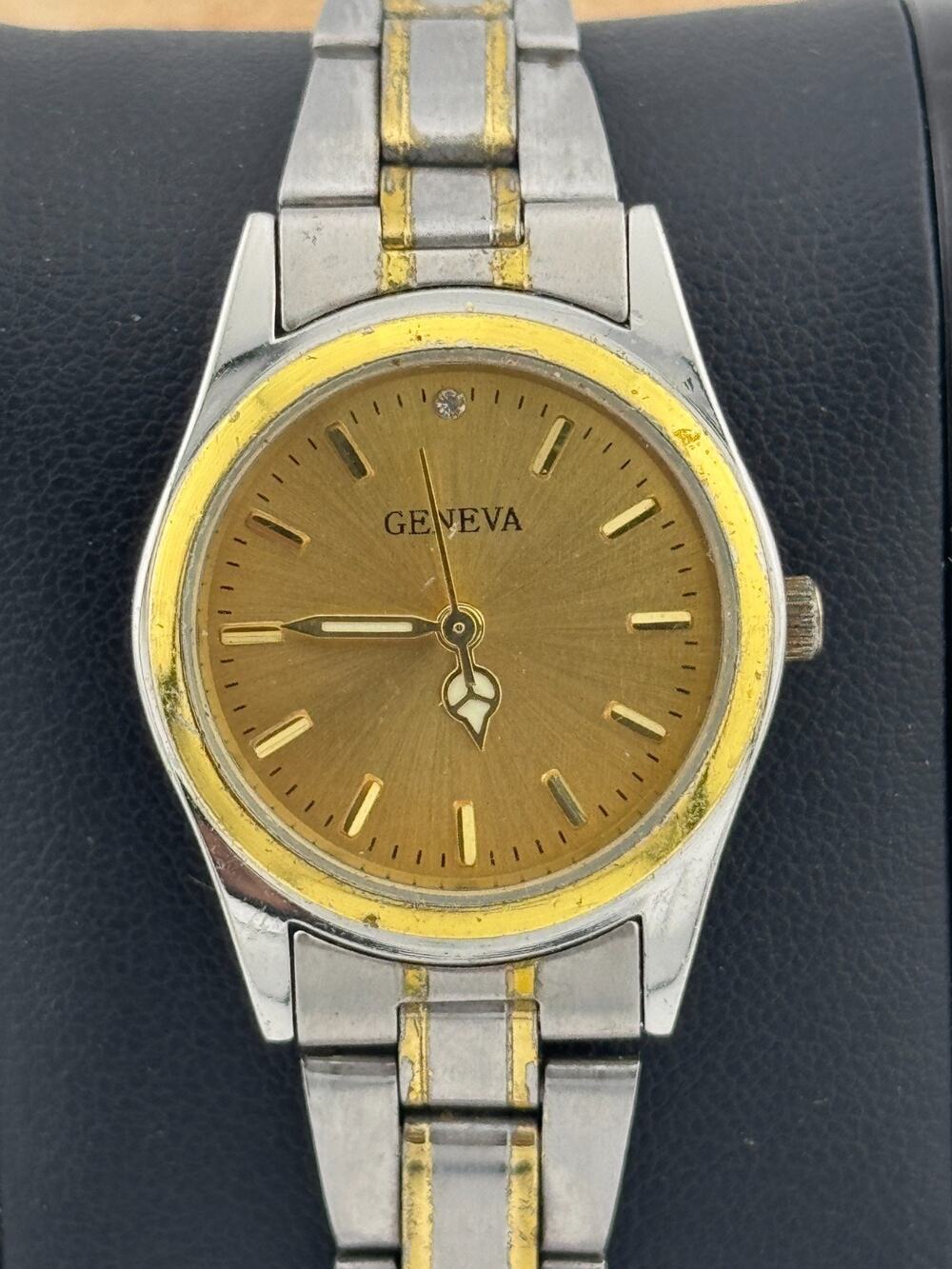 Geneva Ladies Quartz Watch Two-Tone Champagne Sunburst Dial Diamond Accent